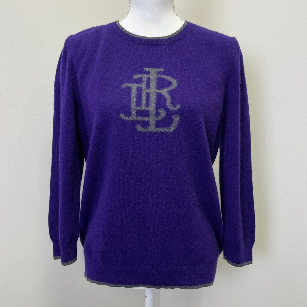 Lauren Ralph Lauren Purple 100% Cashmere Monogram Logo Sweater XL